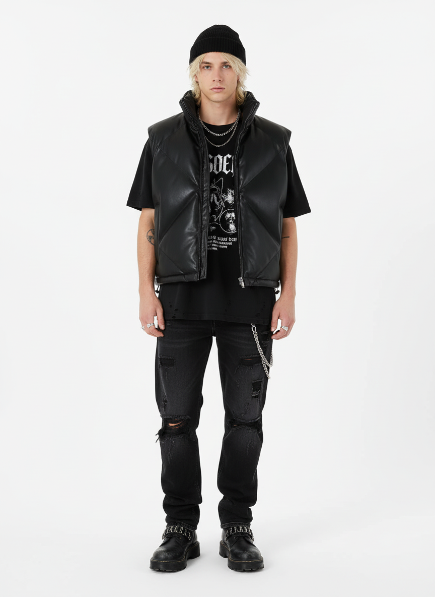 Minimalist Faux Leather Stand Collar Puffer Vest