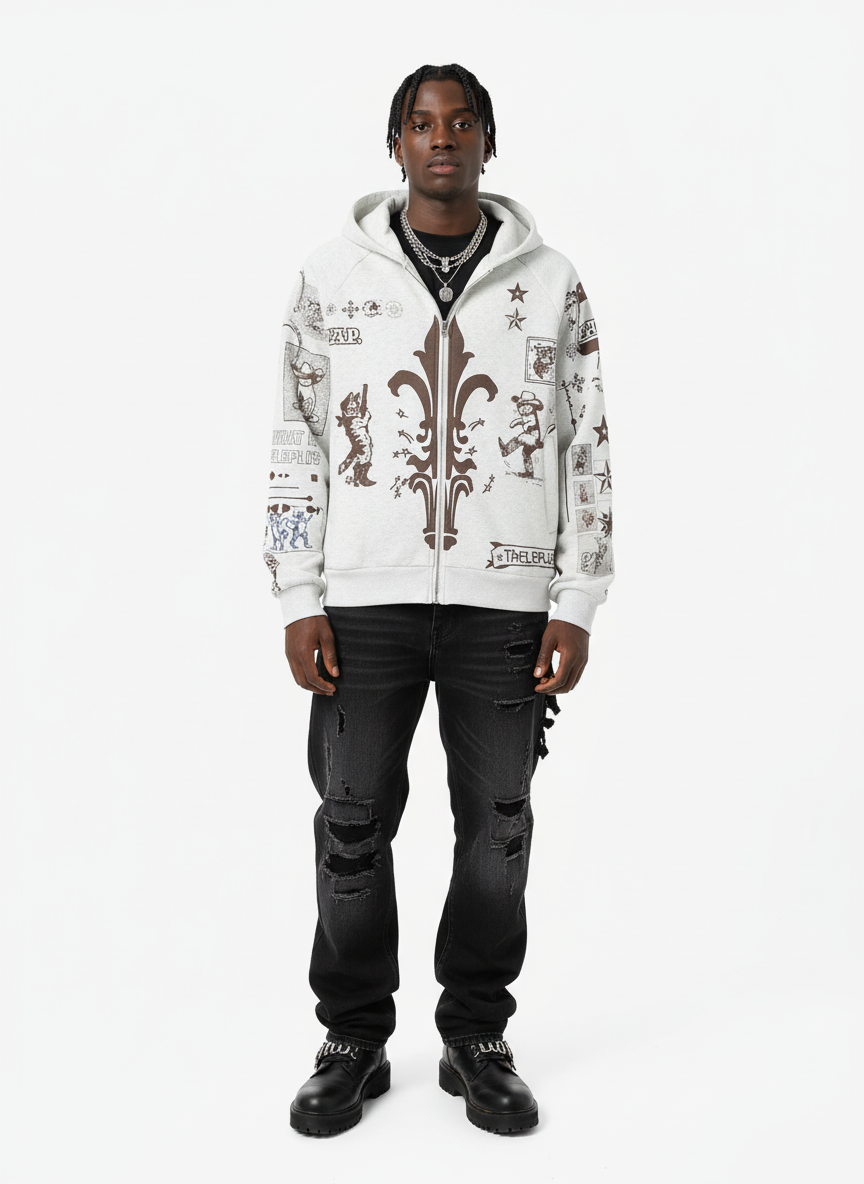 Street Retro Cat Graffiti Hooded Zipper Sweatshirt