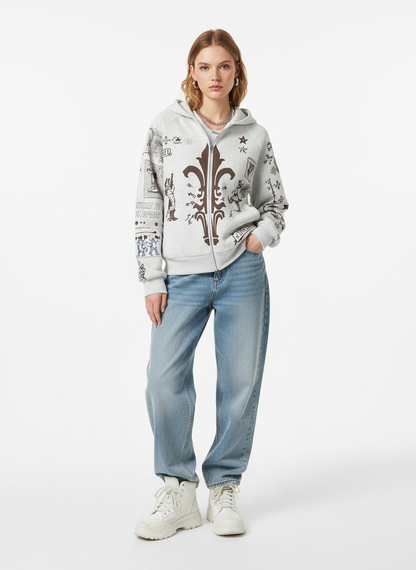 Street Retro Cat Graffiti Hooded Zipper Sweatshirt