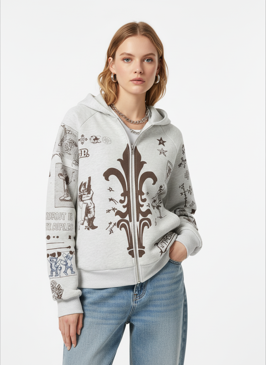 Street Retro Cat Graffiti Hooded Zipper Sweatshirt