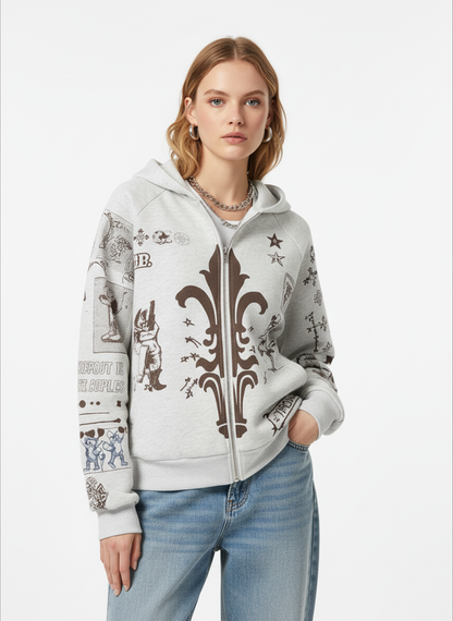 Street Retro Cat Graffiti Hooded Zipper Sweatshirt