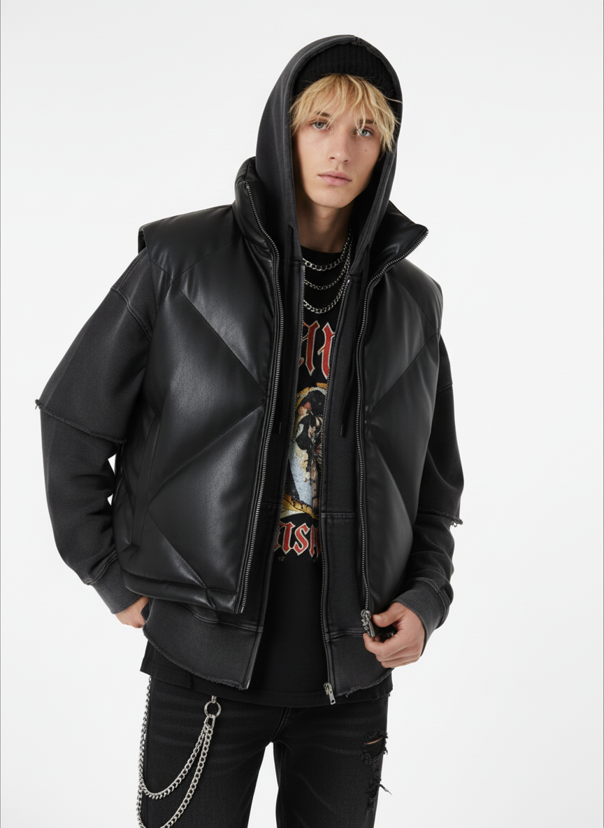 Minimalist Faux Leather Stand Collar Puffer Vest