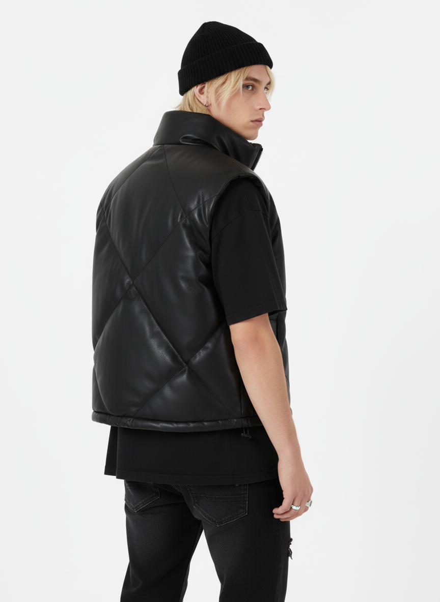 Minimalist Faux Leather Stand Collar Puffer Vest