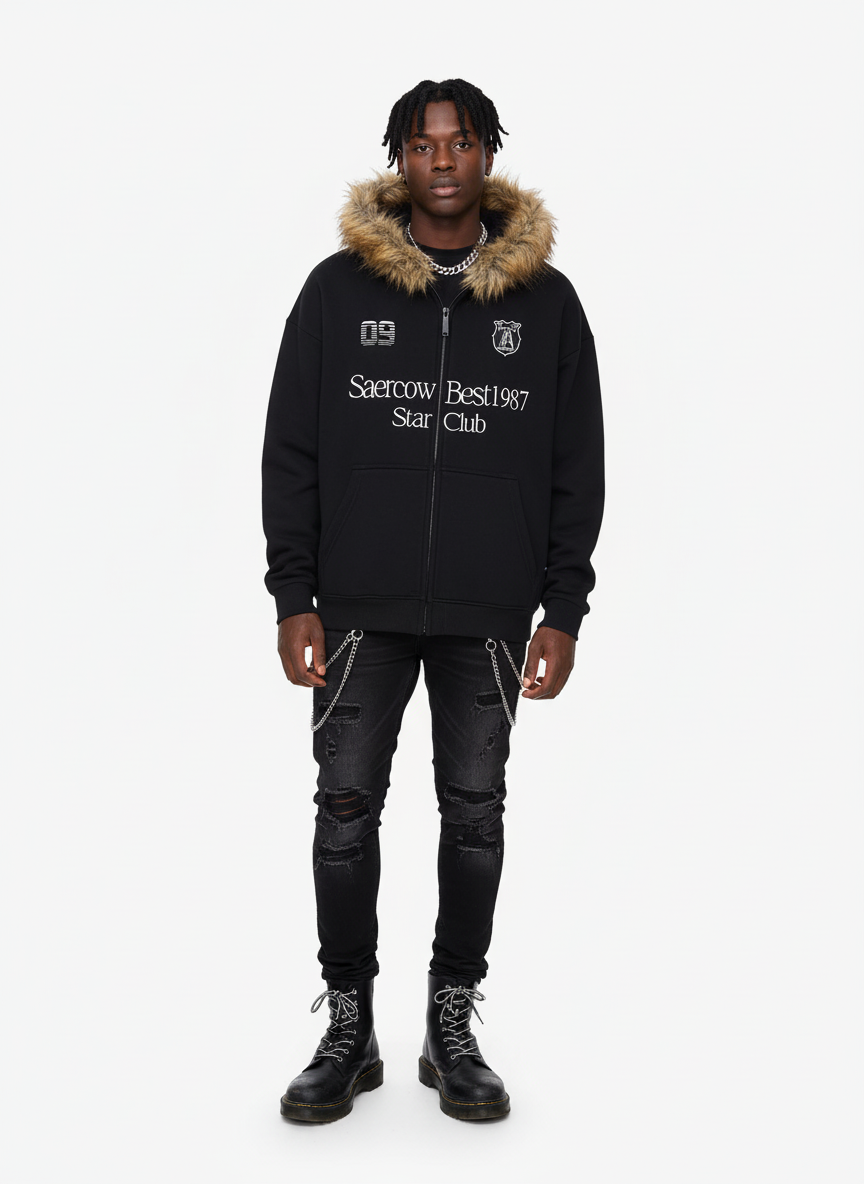 Letter Medal Embroidered Cardigan Fur Collar Hooded Sweatshirt