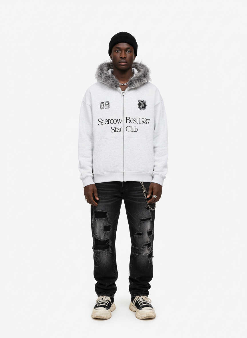 Letter Medal Embroidered Cardigan Fur Collar Hooded Sweatshirt