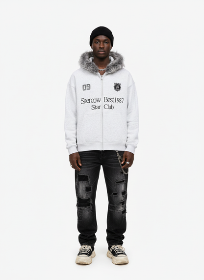 Letter Medal Embroidered Cardigan Fur Collar Hooded Sweatshirt