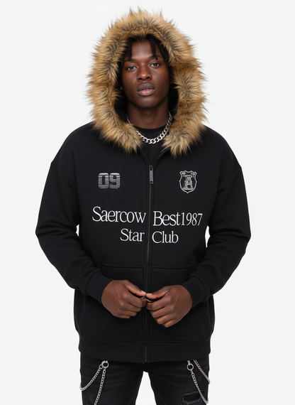 Letter Medal Embroidered Cardigan Fur Collar Hooded Sweatshirt