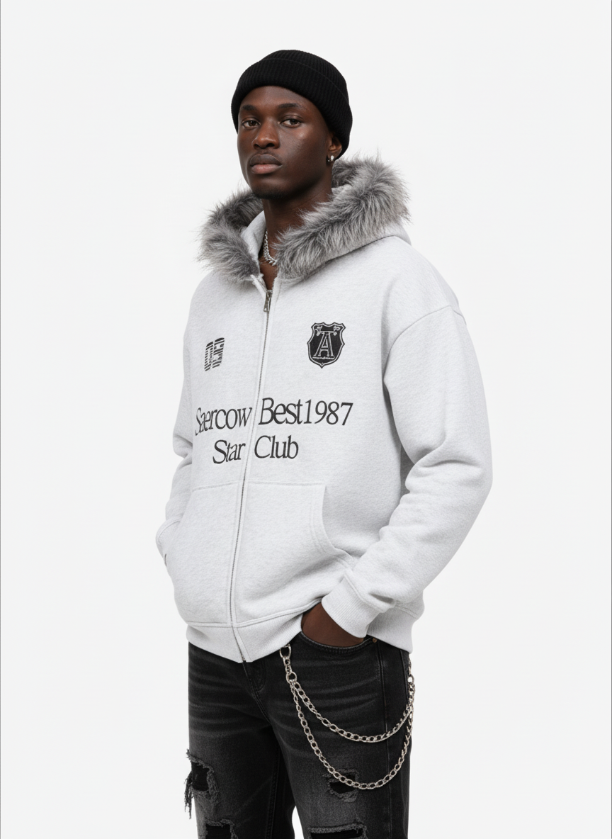 Letter Medal Embroidered Cardigan Fur Collar Hooded Sweatshirt