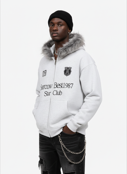 Letter Medal Embroidered Cardigan Fur Collar Hooded Sweatshirt