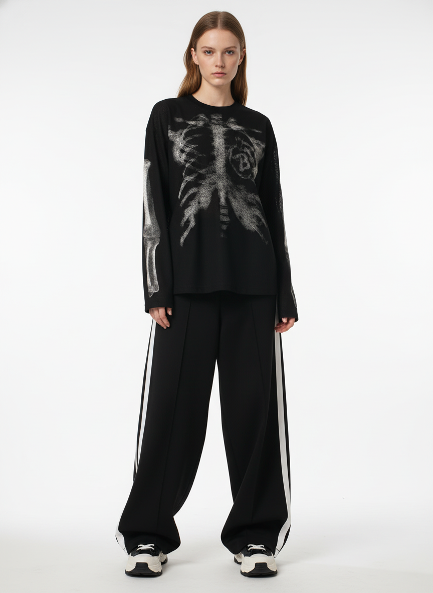 Skeleton Graphic Waffle Sweatshirt – Spooky Halloween Vibes - 2495