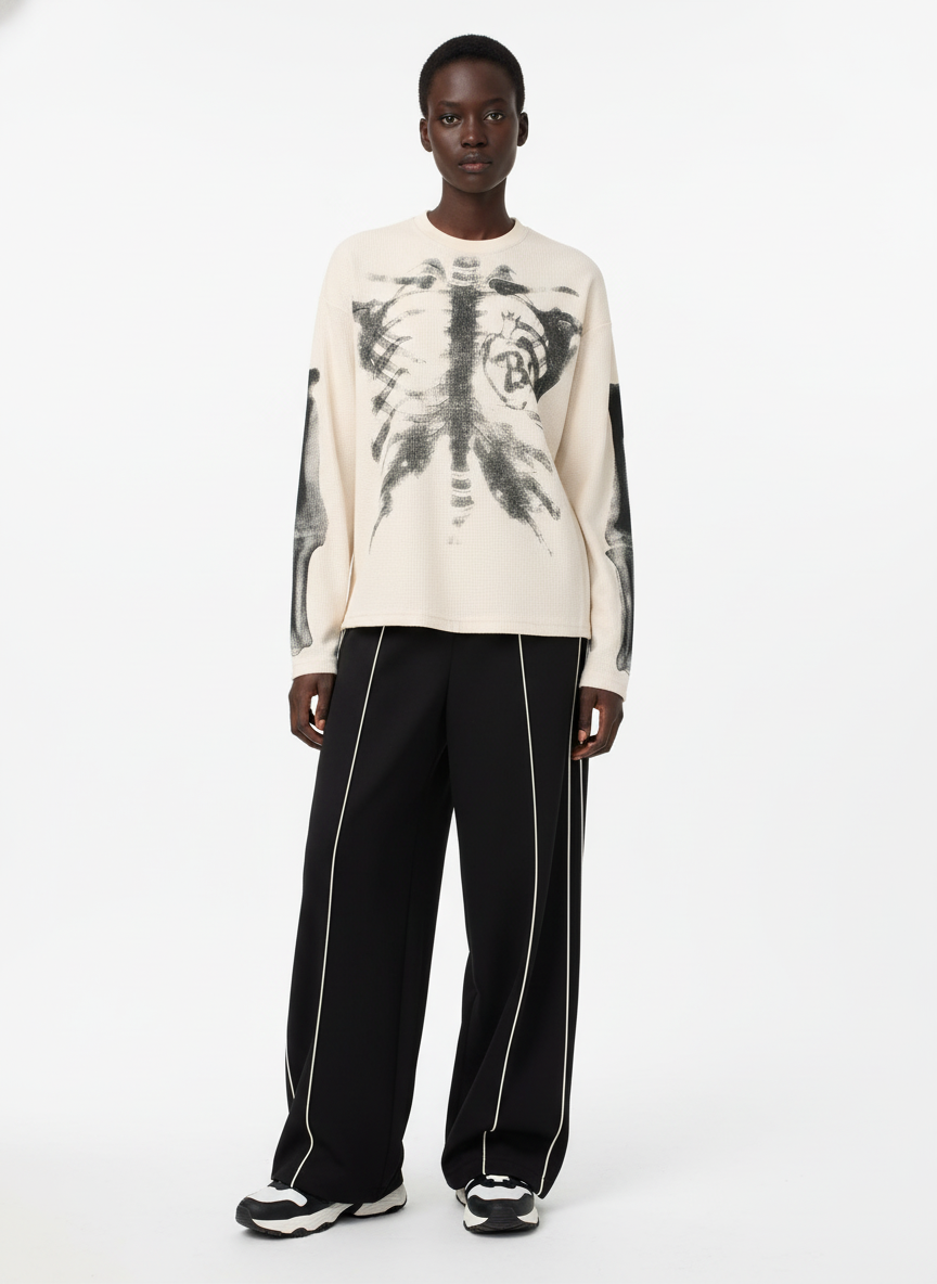 Skeleton Graphic Waffle Sweatshirt – Spooky Halloween Vibes - 2495