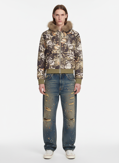 Skull Camouflage Fur Collar Hot Diamond Hooded Jacket - 2507