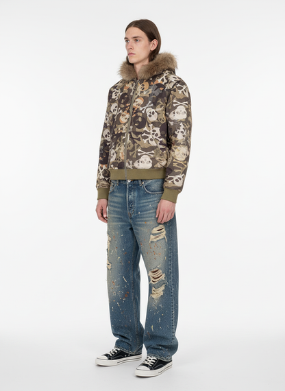 Skull Camouflage Fur Collar Hot Diamond Hooded Jacket - 2507