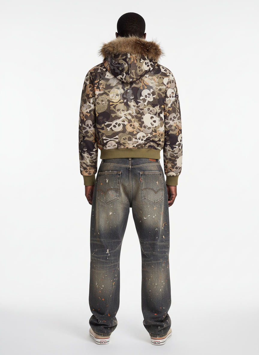 Skull Camouflage Fur Collar Hot Diamond Hooded Jacket - 2507