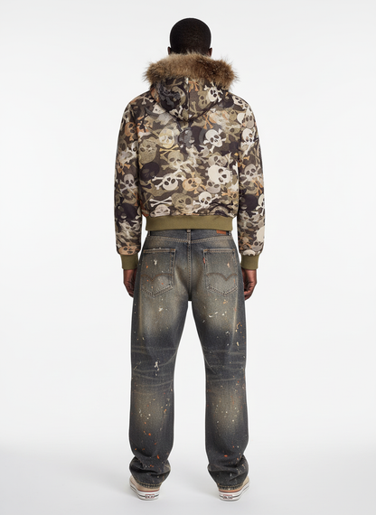 Skull Camouflage Fur Collar Hot Diamond Hooded Jacket - 2507