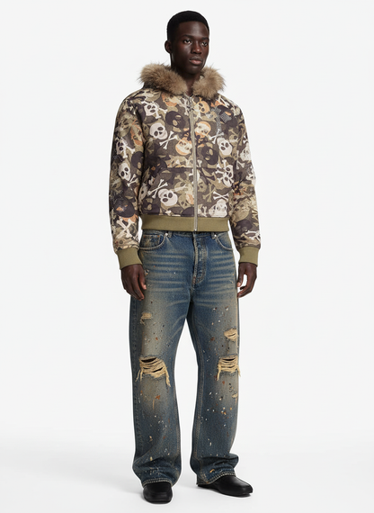 Skull Camouflage Fur Collar Hot Diamond Hooded Jacket - 2507