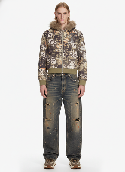 Skull Camouflage Fur Collar Hot Diamond Hooded Jacket - 2507