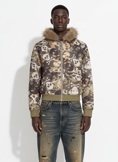 Skull Camouflage Fur Collar Hot Diamond Hooded Jacket - 2507