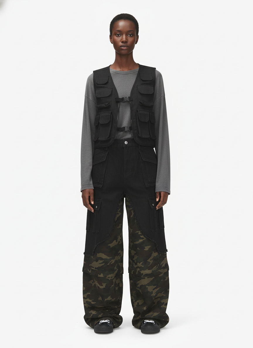 Retro Camouflage Faux Two-Piece Detachable Patchwork Pants