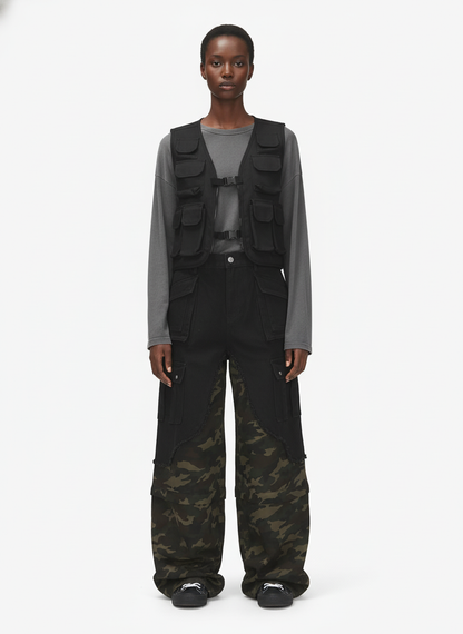 Retro Camouflage Faux Two-Piece Detachable Patchwork Pants