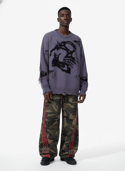 Hip-Hop Dark Skull Frayed-Edge Knit Sweater