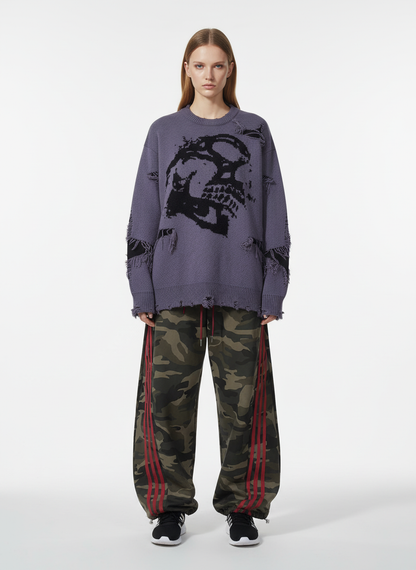 Hip-Hop Dark Skull Frayed-Edge Knit Sweater
