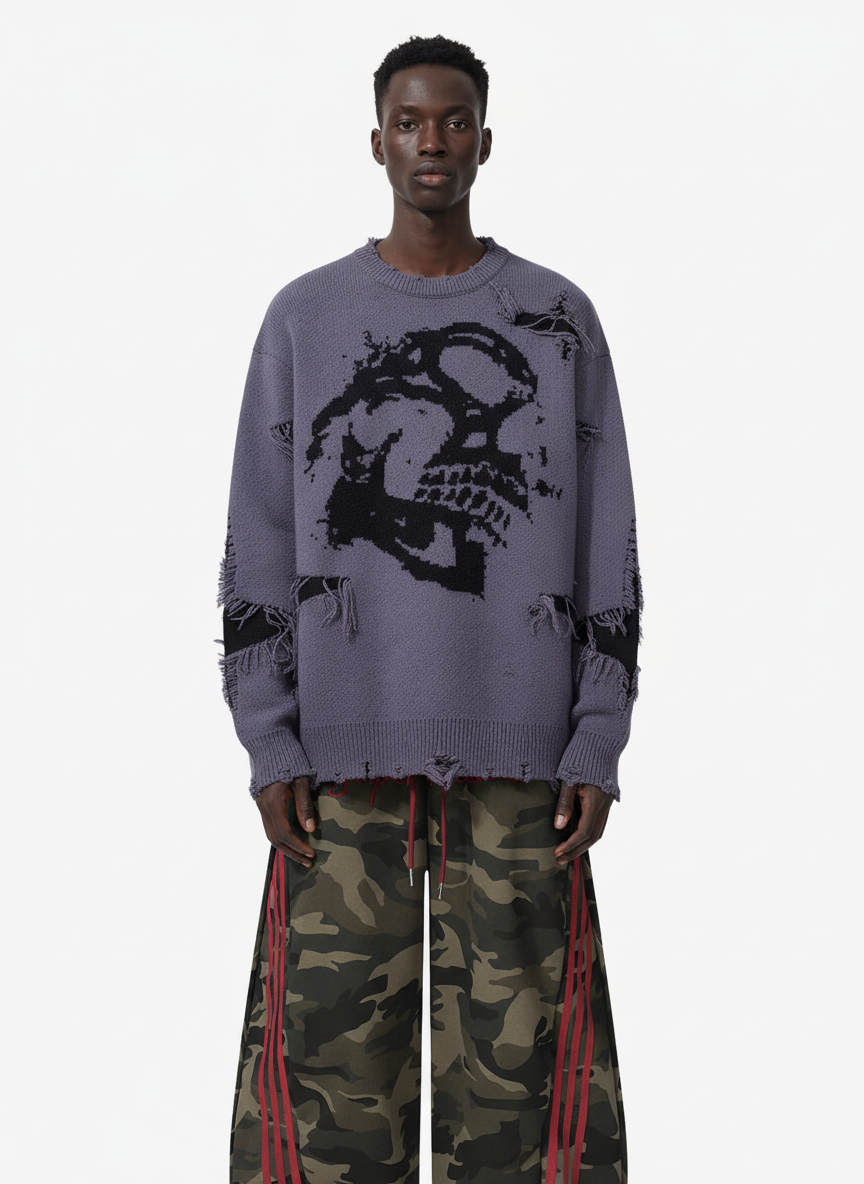 Hip-Hop Dark Skull Frayed-Edge Knit Sweater