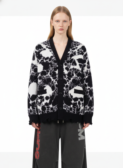 Vintage Skull Leopard Jacquard Knitted Cardigan