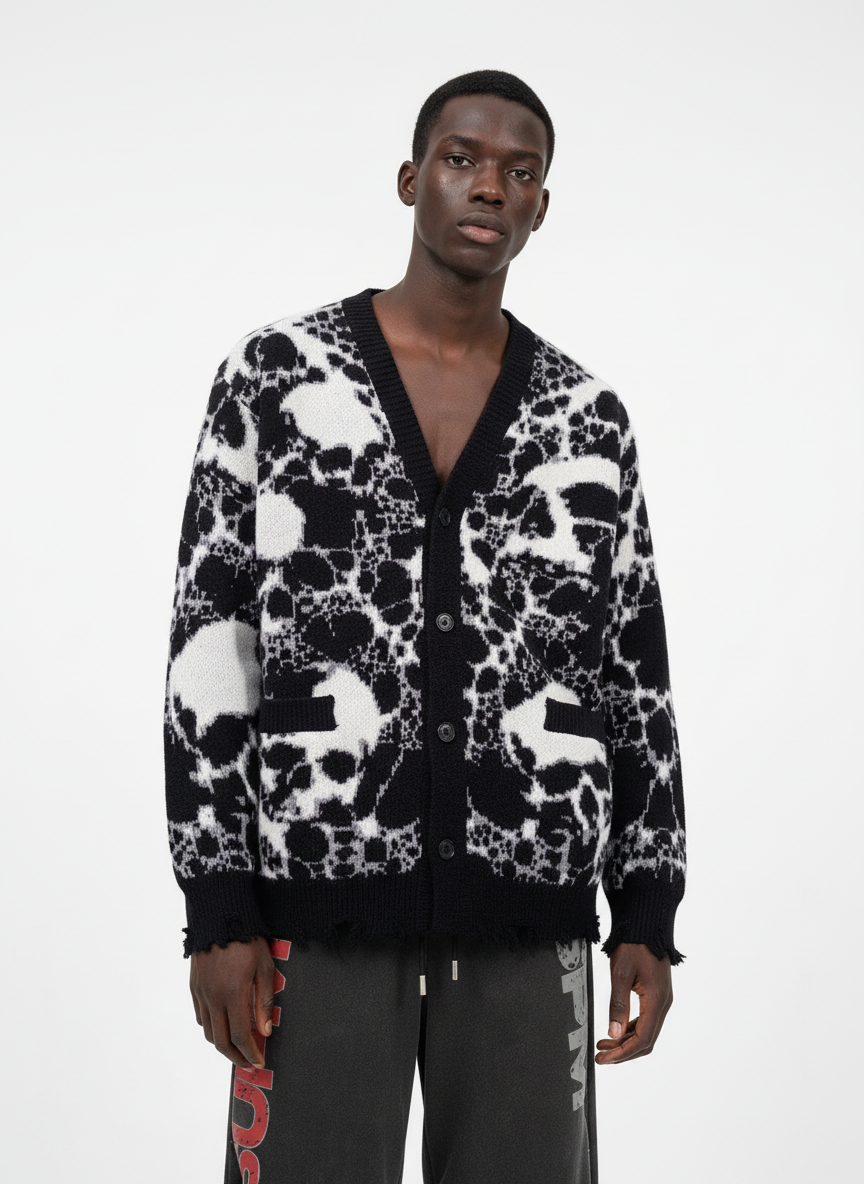 Vintage Skull Leopard Jacquard Knitted Cardigan