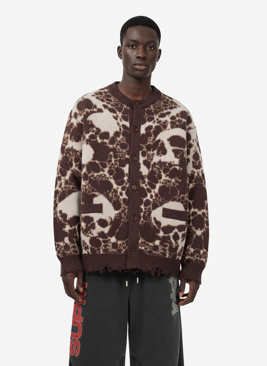 Vintage Skull Leopard Jacquard Knitted Cardigan