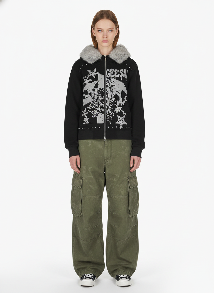 Retro Fur Collar Cartoon Pattern Zipper Hooded Sweatshirt