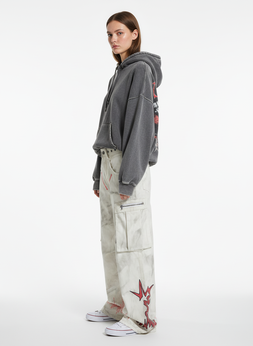 Vintage Dirty-Dyed Washed Wide-Leg Cargo Pants