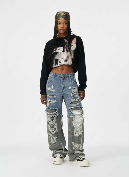 Camouflage Patchwork Ripped Cargo Jeans - 2452