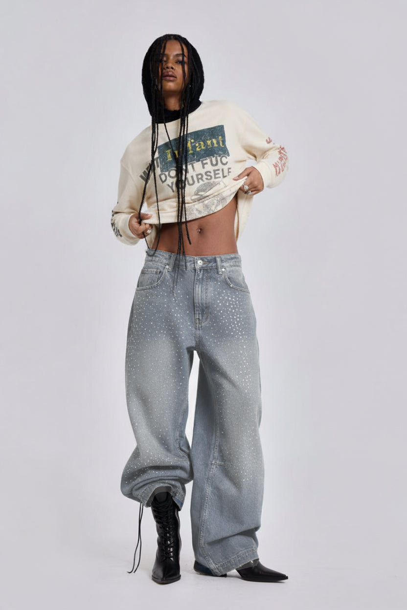 Street Denim Rhinestone-Embellished Baggy Jeans
