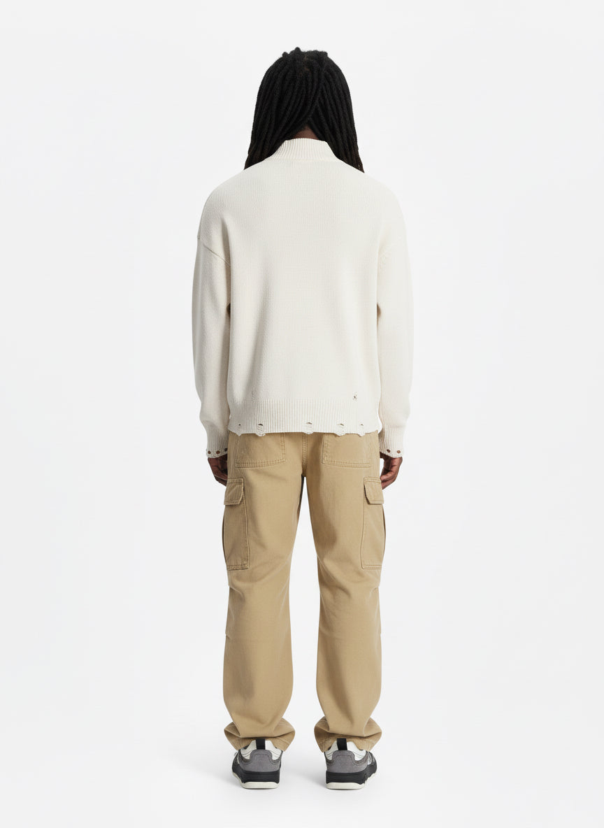 Distressed Ripped-Edge Turtleneck Diamond Star Zipper Knitted Sweater