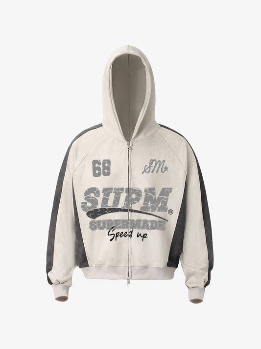 Suede Foam Letter Patchwork Zipper Shorts Jacket