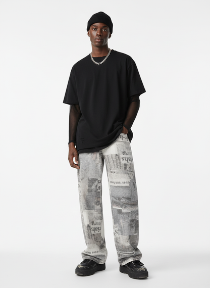 Graffiti Newspaper Baggy Jeans - 2404