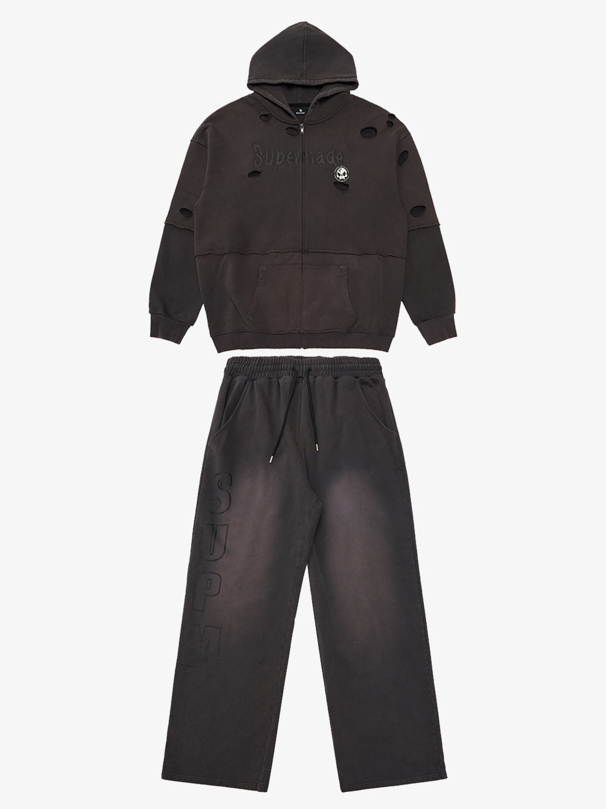 Original Washed & Ripped Skull Cardigan Cotton Hoodie Set