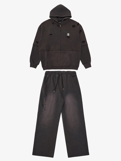 Original Washed & Ripped Skull Cardigan Cotton Hoodie Set