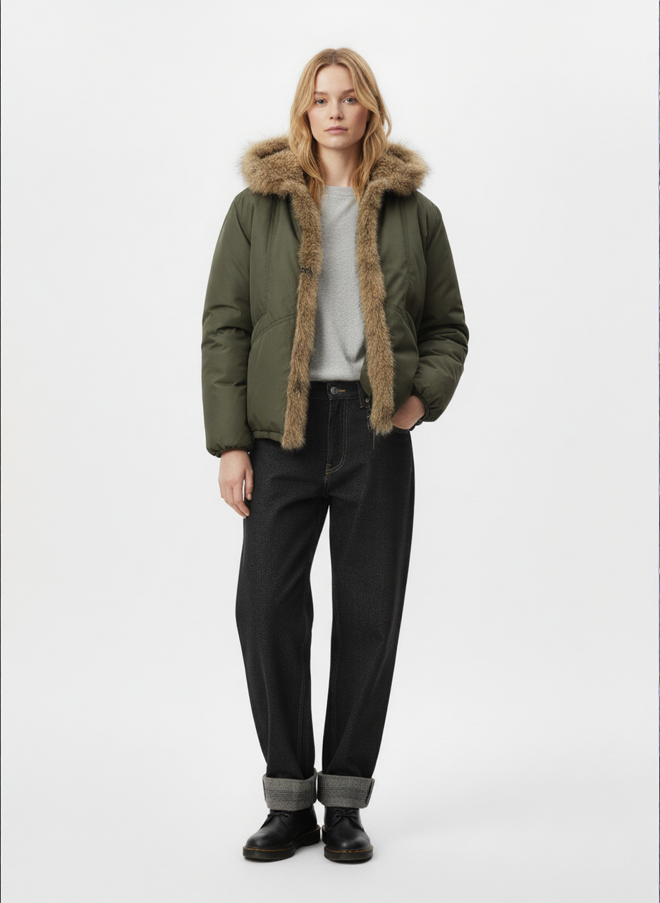 Retro Pleated Fur Hooded Padded Jacket