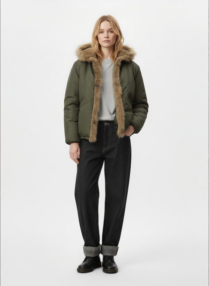 Retro Pleated Fur Hooded Padded Jacket