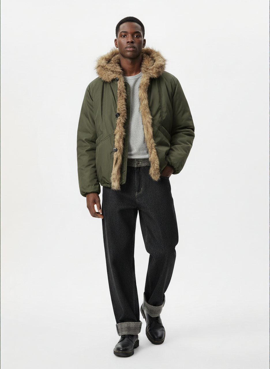 Retro Pleated Fur Hooded Padded Jacket