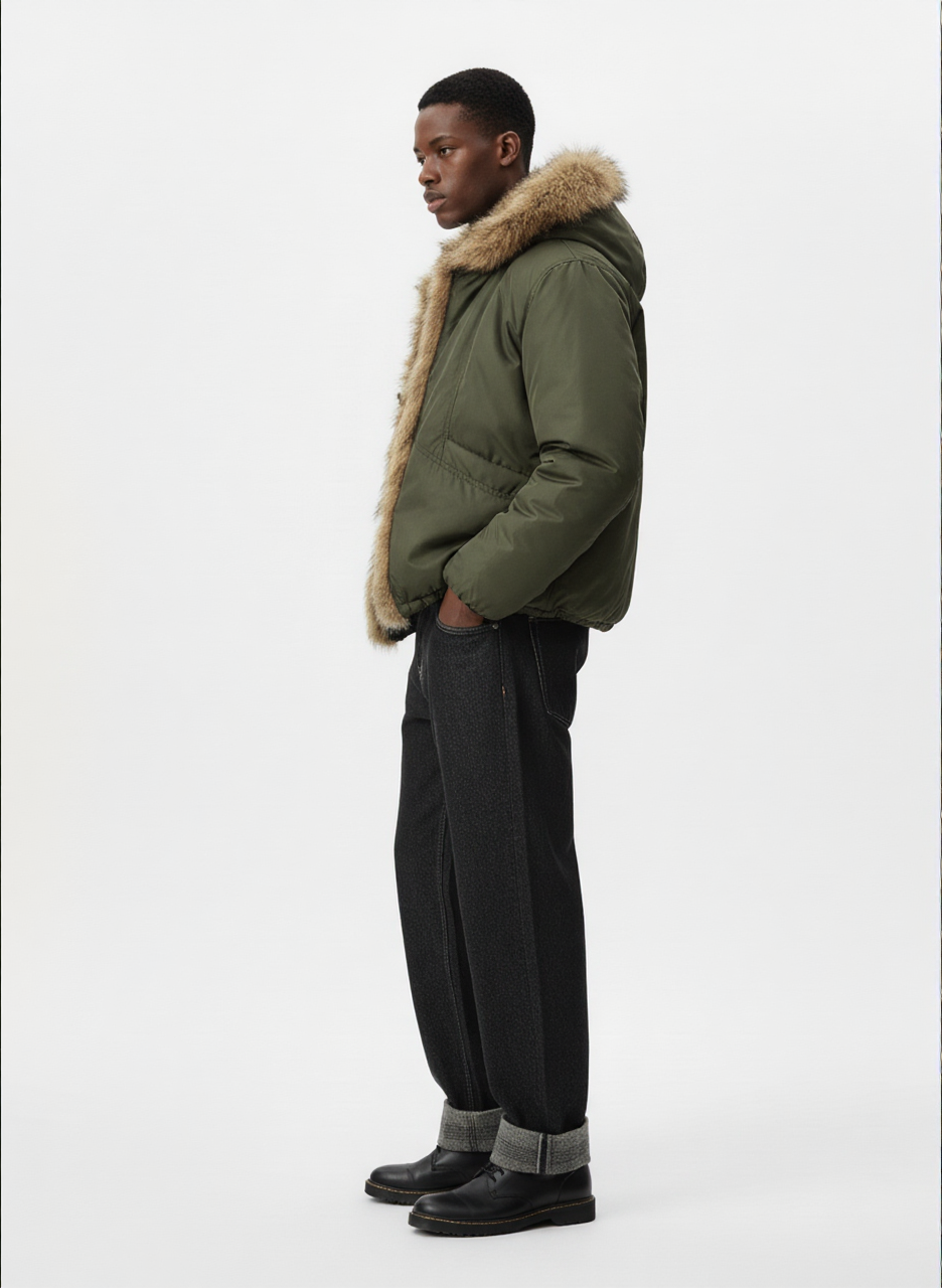 Retro Pleated Fur Hooded Padded Jacket