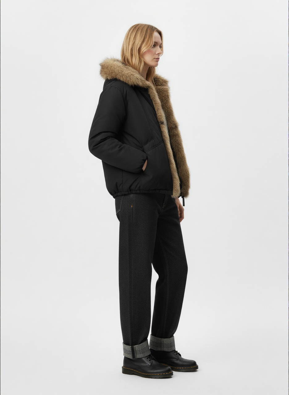 Retro Pleated Fur Hooded Padded Jacket