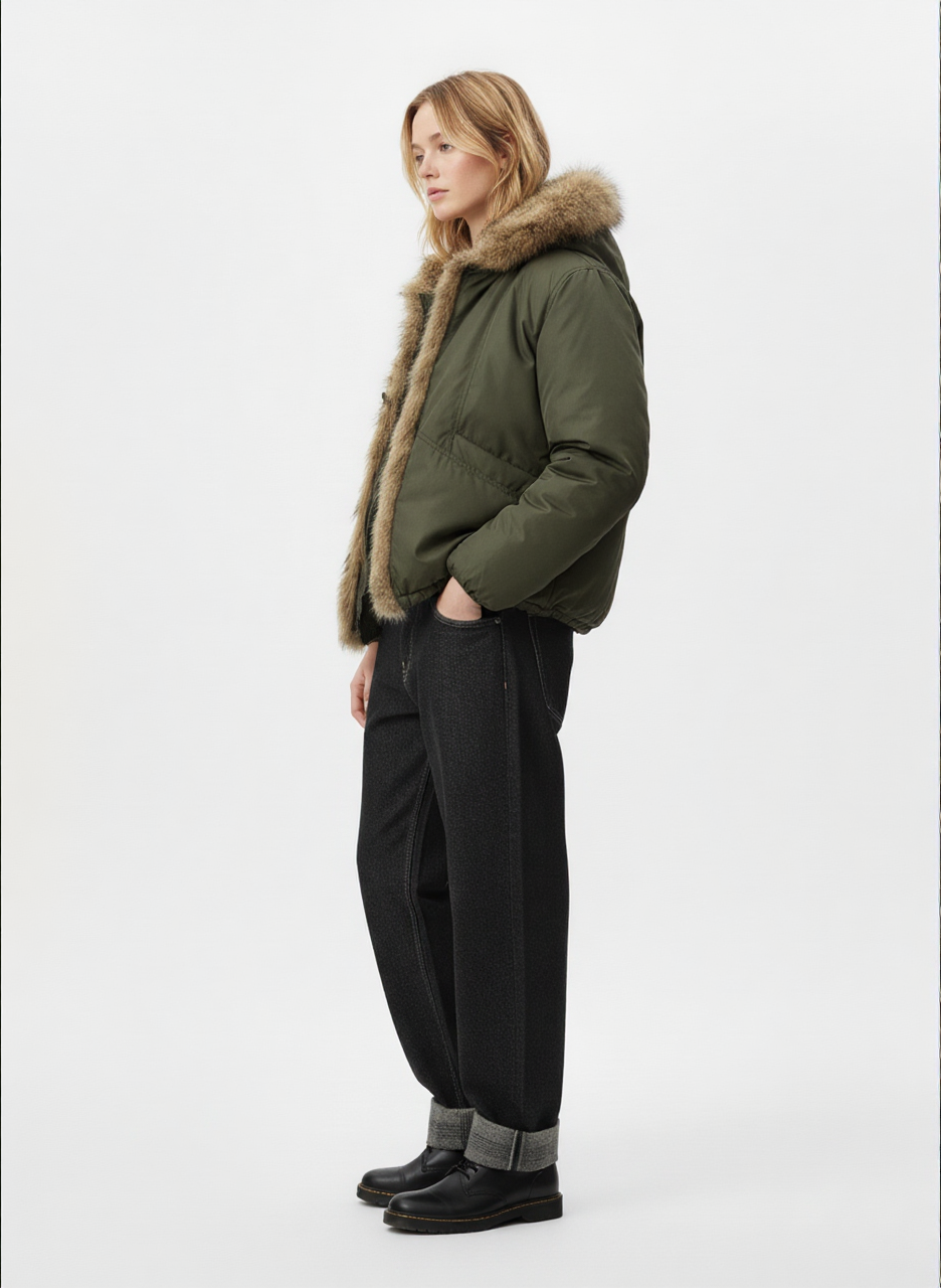 Retro Pleated Fur Hooded Padded Jacket