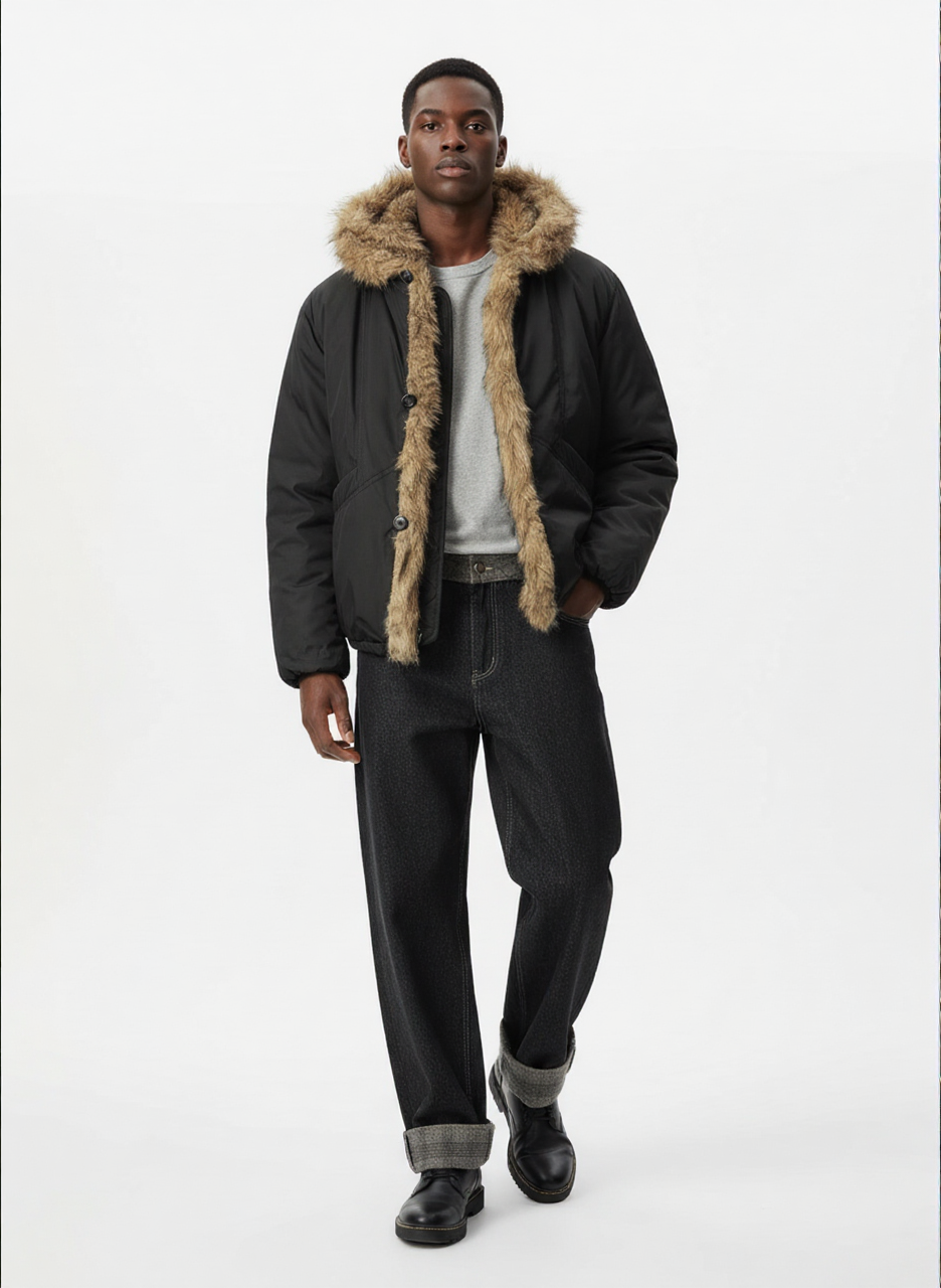 Retro Pleated Fur Hooded Padded Jacket