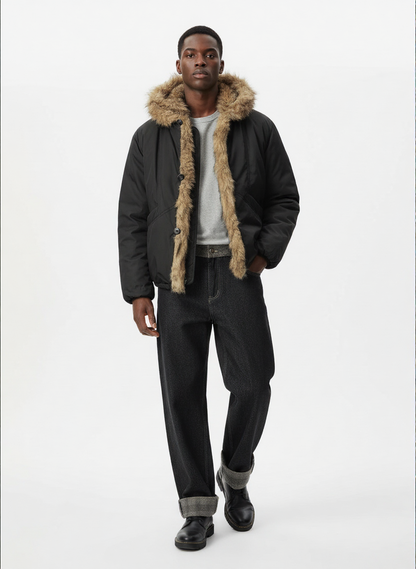 Retro Pleated Fur Hooded Padded Jacket