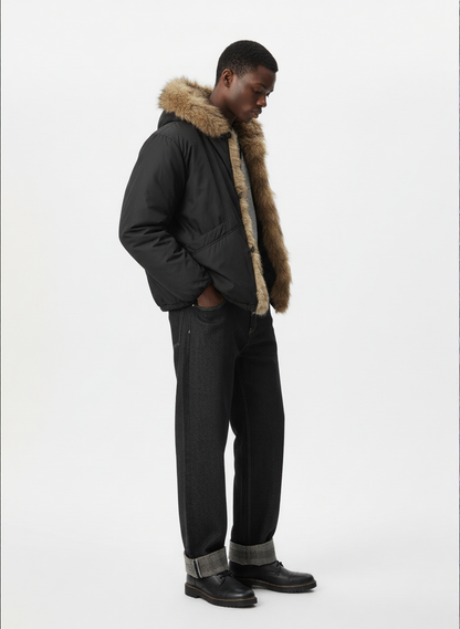 Retro Pleated Fur Hooded Padded Jacket