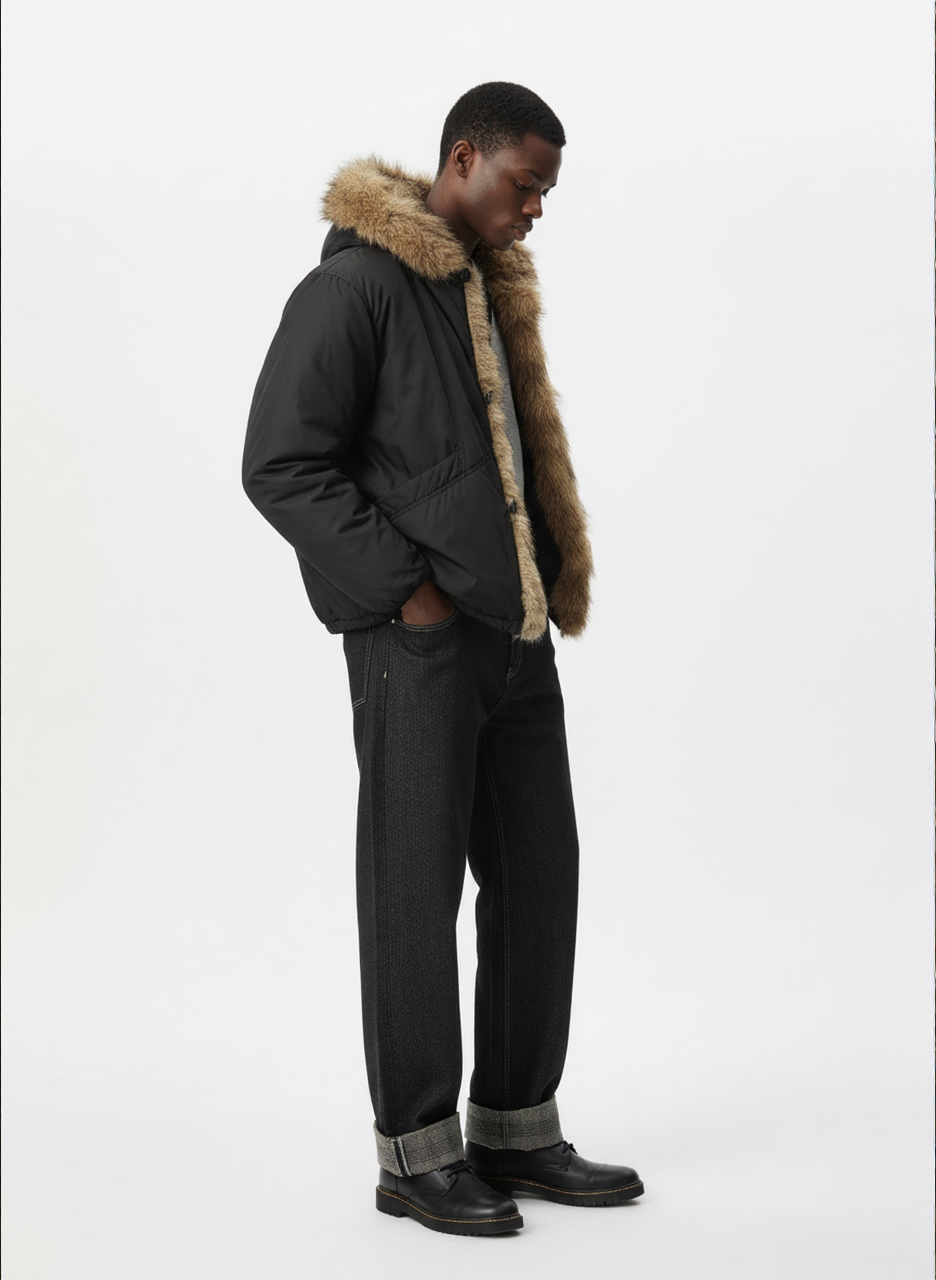 Retro Pleated Fur Hooded Padded Jacket