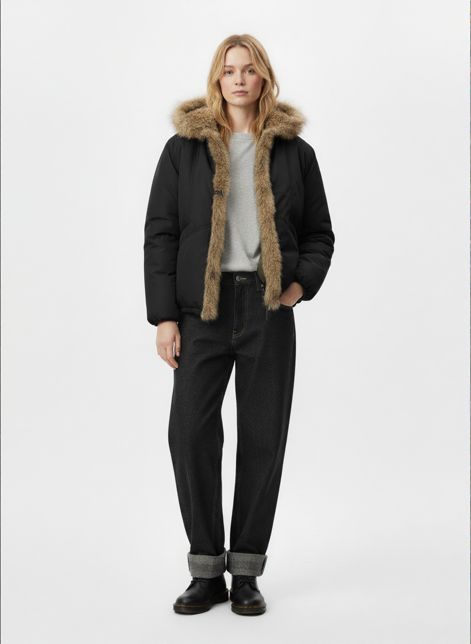 Retro Pleated Fur Hooded Padded Jacket